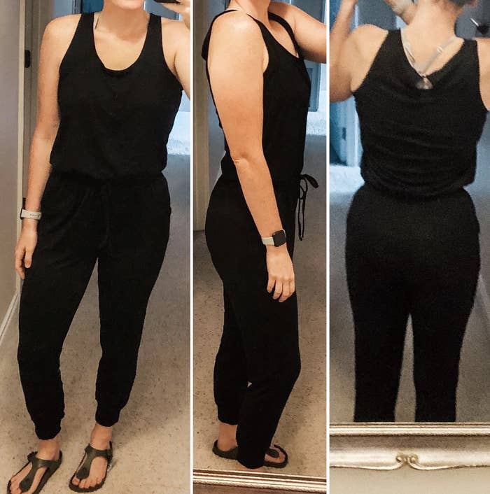 reviewer wearing the black jumpsuit 