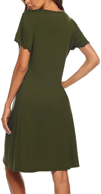 model wearing an olive green nightgown 