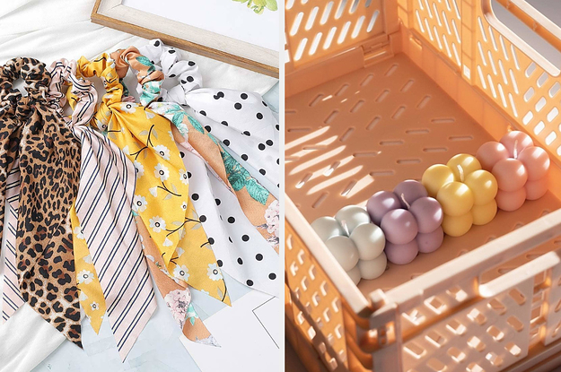 a set of patterned hair scrunchies and four colorful candles