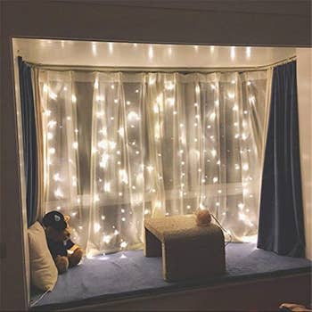 curtain of twinkly lights in a nook