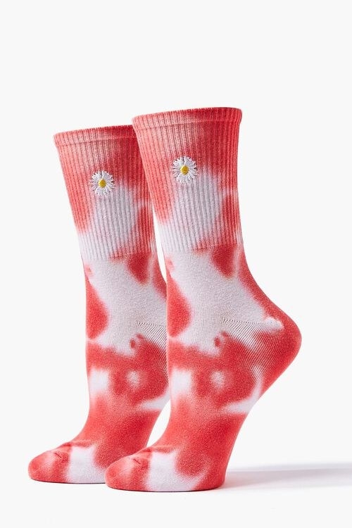 the red and white tie-dye daisy-embroidered crew socks