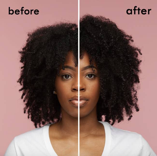 Black model with natural hair with bouncier, fuller curls after using the oil