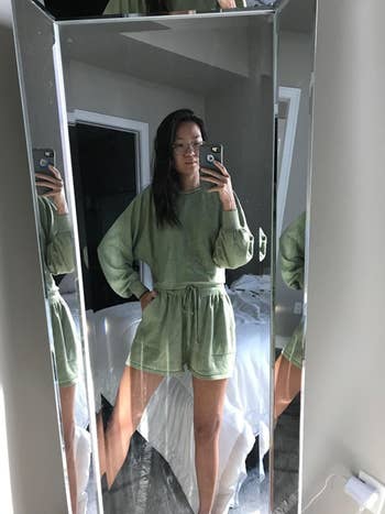 reviewer wears same set in a light green shade