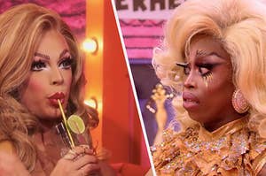 Valentina sipping from a cocktail shadily as Monique Heart stares in horror
