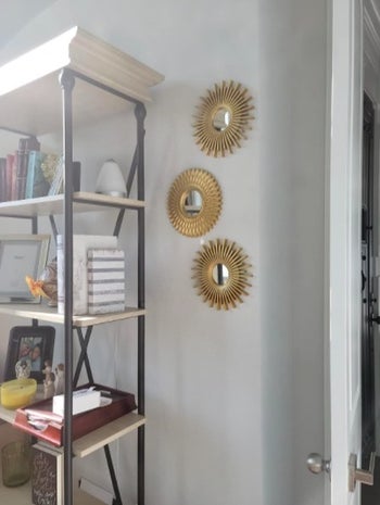 reviewer's gold mirrors next to a bookshelf