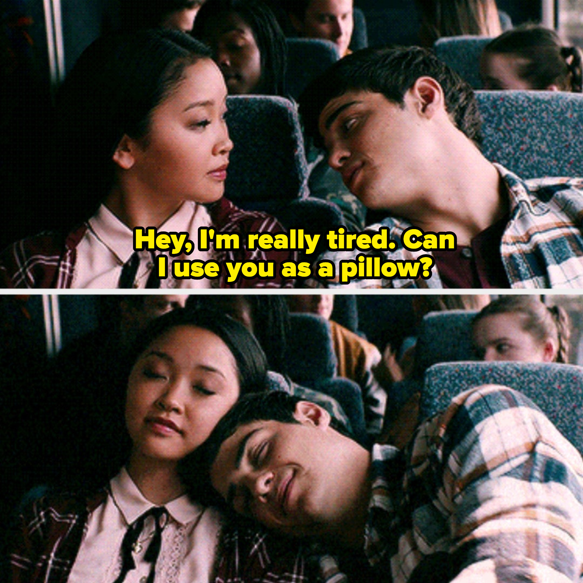 Peter asking Lara Jean: &quot;Hey, I&#x27;m really tired. Can I use you as a pillow?&quot;