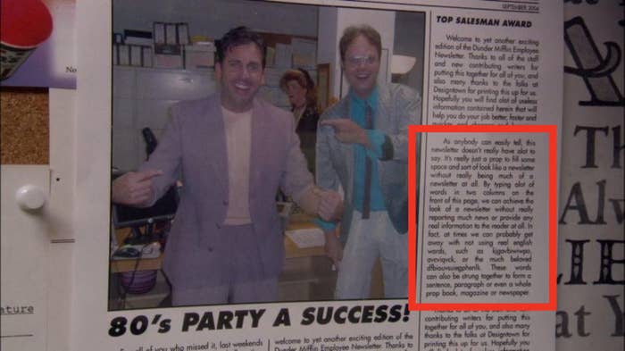 a newspaper clipping featuring michael scott and dwight in &#x27;80s attire