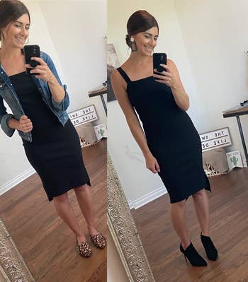 Reviewer wearing black dress showing it worn with flats and heels
