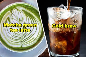 side by side of a matcha green tea latte and a cold brew coffee