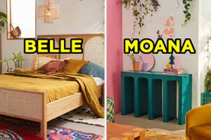 On the left, a bedroom with bed next to a window and an artsy chandelier labeled "Belle," and on the right, a bright, sunny bedroom with a shelf topped with books and knickknacks and hanging vines above it labeled "Moana"
