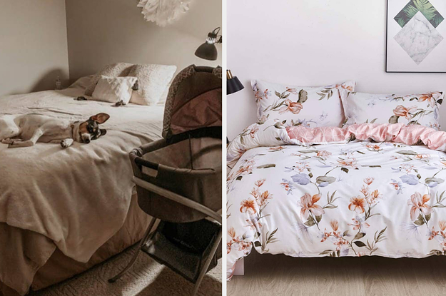 dog sleeping on a white duvet cover and a bed with a floral duvet cover and matching shams