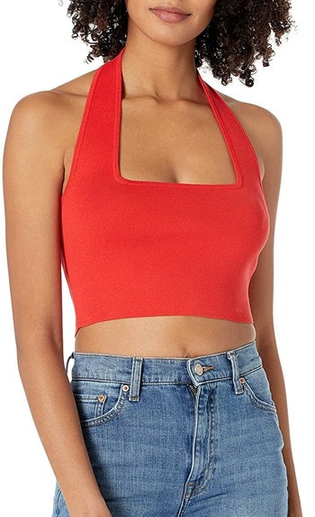model wearing the red top