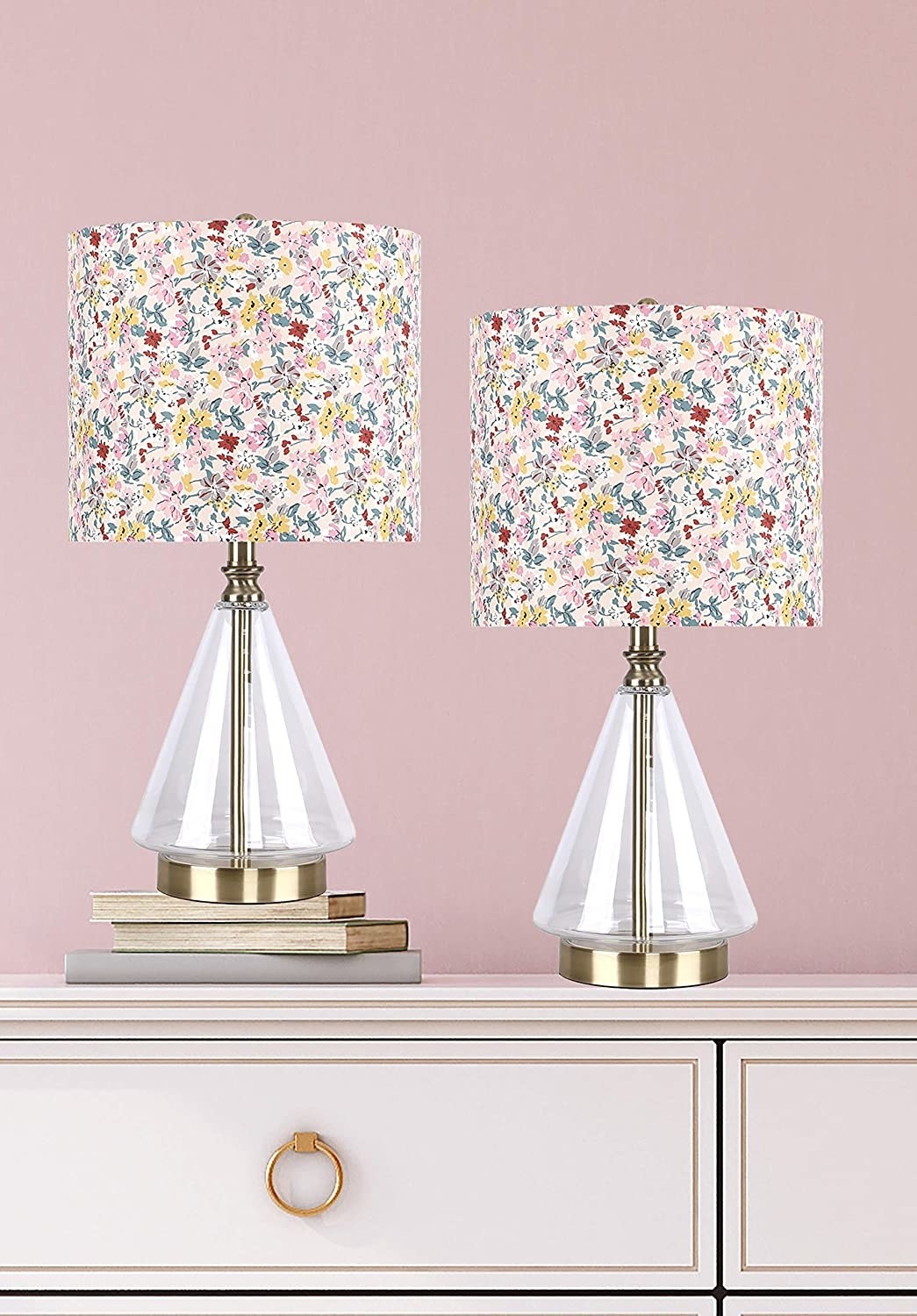 two glass and brass lamps with floral lampshades