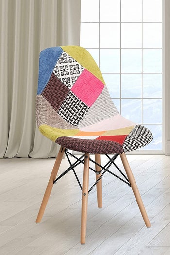 front view of the colorful patchwork chair
