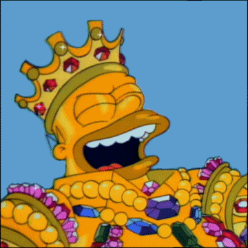 Homer wearing a crown and jewels and laughing like a mad king