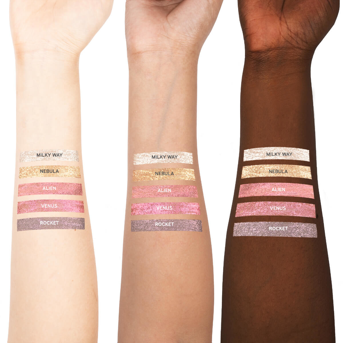 Swatches of four of the metallic shades: white gold, two pinks, and a taupe