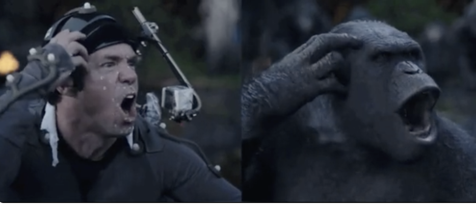 An actor performs as an ape in one photo, then in another his performance is rendered as an ape with CGI