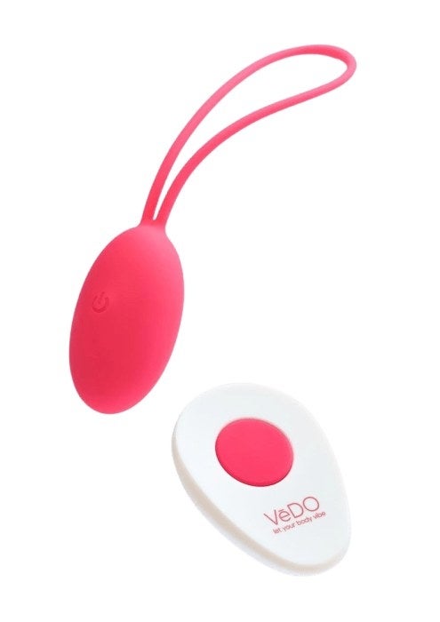 The egg-shaped vibrator with an attached handle and a matching remote