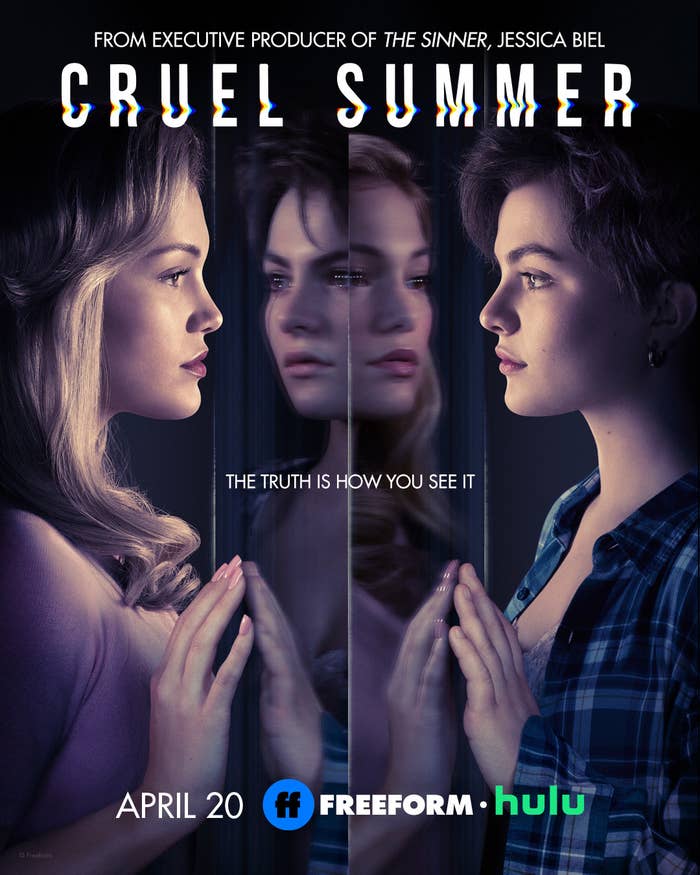 Cruel Summer promotional poster with characters Kate and Jeanette reflected in mirrors.