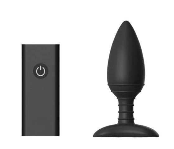 The butt plug with a narrower tip and multiple textured ridges near the base and a matching remote