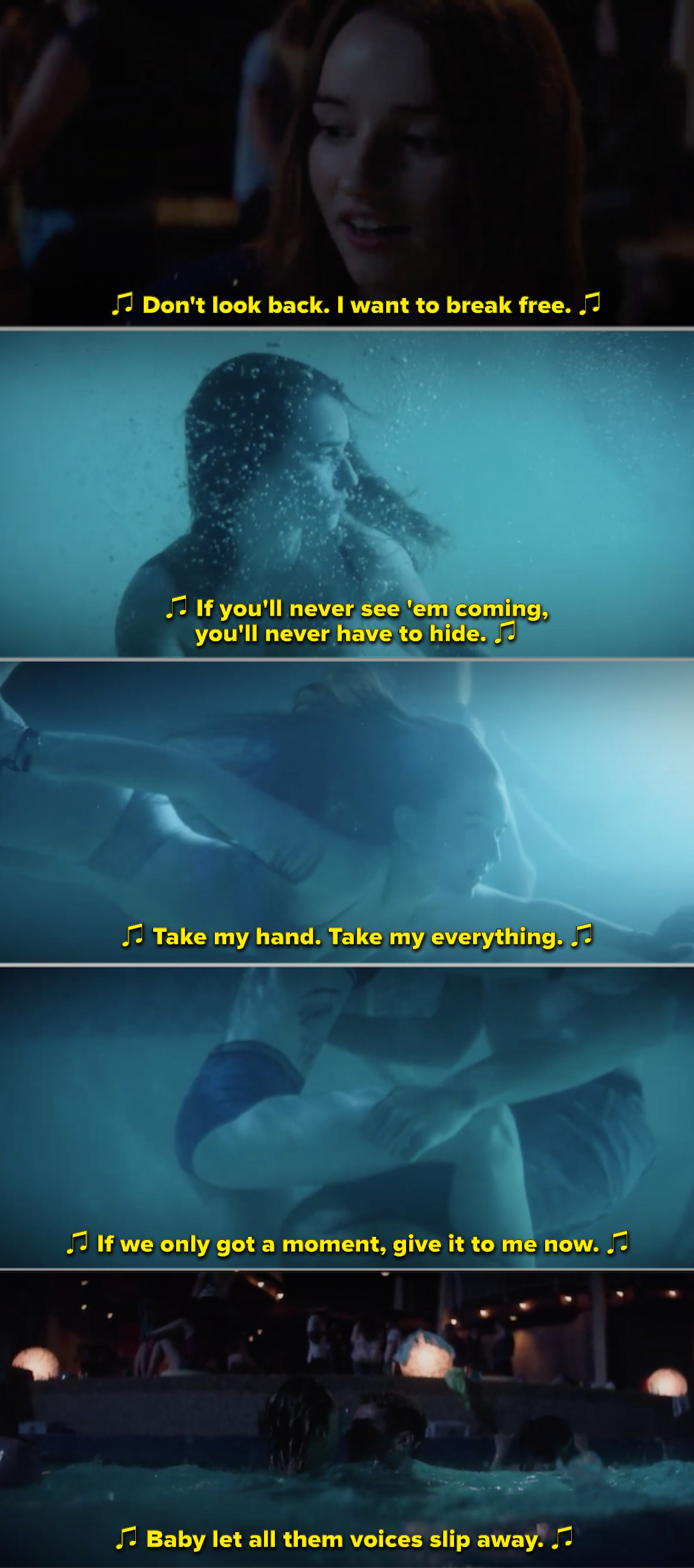 Amy swimming underwater while this song plays in the background: &quot;Take my hand, take my everything, if we only got a moment, give it to me now&quot;