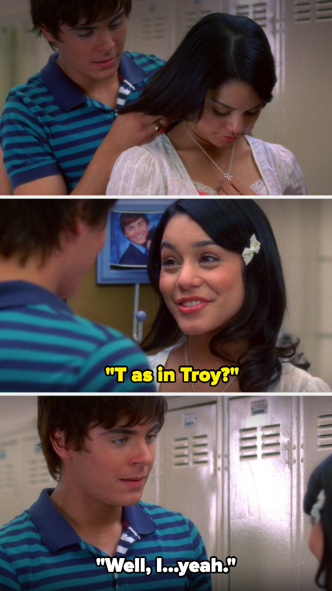 Troy giving Gabriella a T necklace — she asks, &quot;T as in Troy&quot; and he says &quot;well, I...yeah&quot;