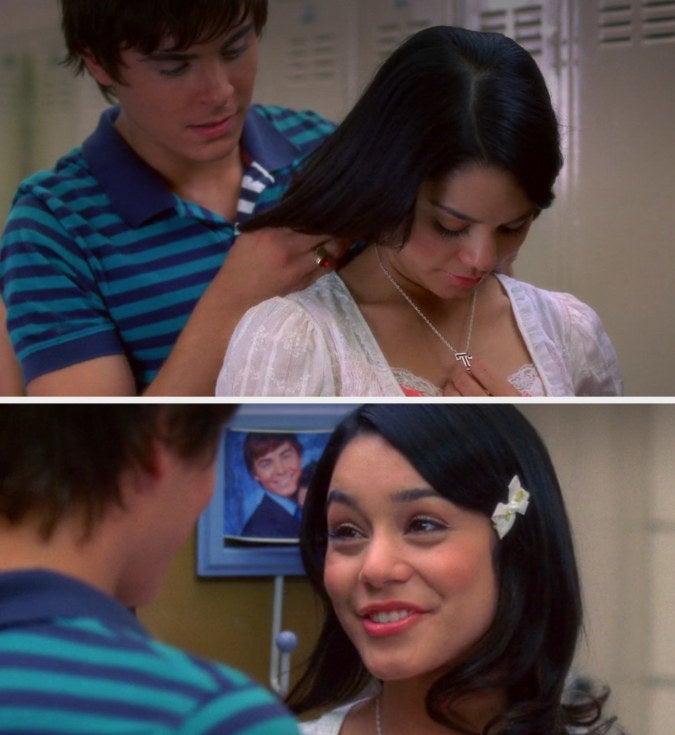 Troy giving Gabriella a T necklace — she asks, "T as in Troy" and he says "well, I…yeah"