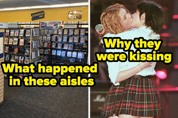 tatu girls kissing a the aisles of a blockbuster