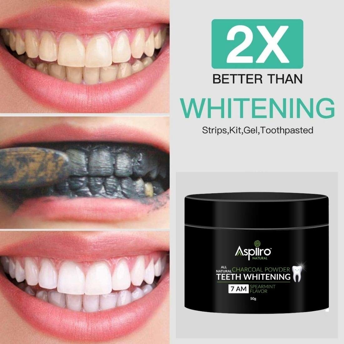 Before-and-after images of a person using the powder. Their teeth are noticeably whiter after using the powder.