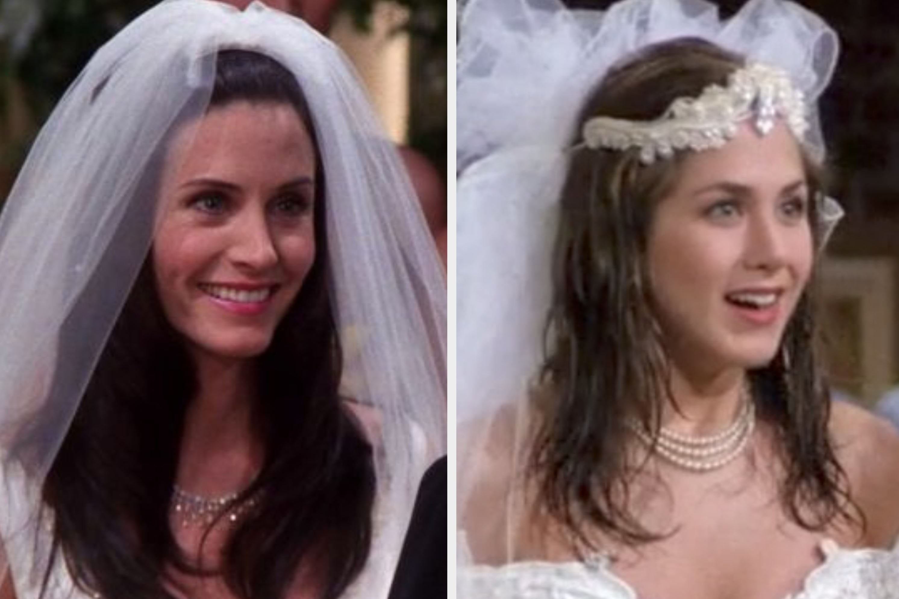 Monica and Rachel in wedding gowns 
