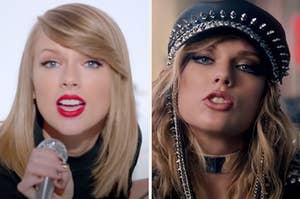 On the left, Taylor Swift in the "Shake It Off" music video, and on the right, Taylor Swift in the "Look What You Made Me Do" music video