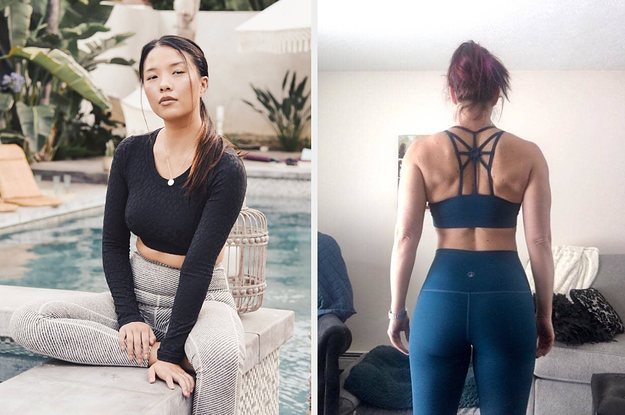 on left, model in black long sleeve leopard-print crop top. on right, reviewer in dark blue sports bra with cutout back