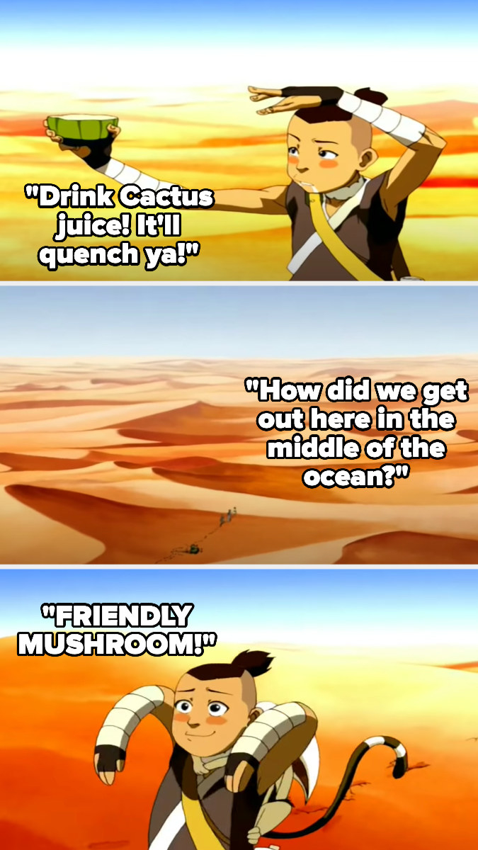 Sokka saying &quot;drink cactus juice! It&#x27;ll quench ya!&quot; And asking how they got to the middle of the ocean (they&#x27;re in a desert), then waving his arms at a &quot;friendly mushroom&quot; that&#x27;s actually a sand cloud