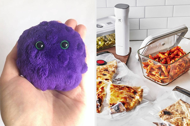 a hand holding a purple worry pet and a vacuum food sealer