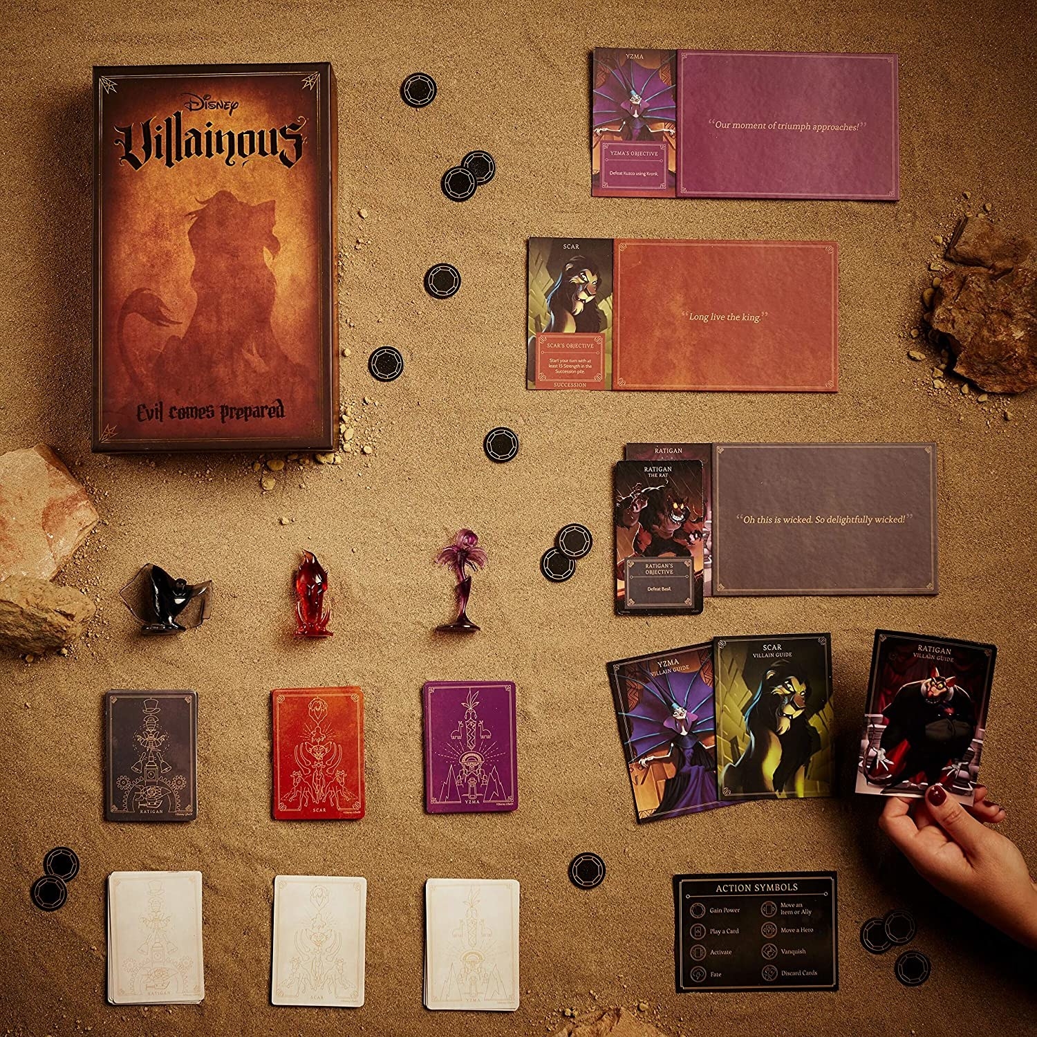 The pieces, cards, and board for the Disney Villans game