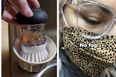 dish soap-dispensing brush, person wearing glasses and a face mask with no fog thanks to an anti-fog glasses spray