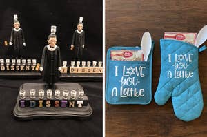 on the left, an rbg menorah, and on the right, a personalized oven mit and pot holder