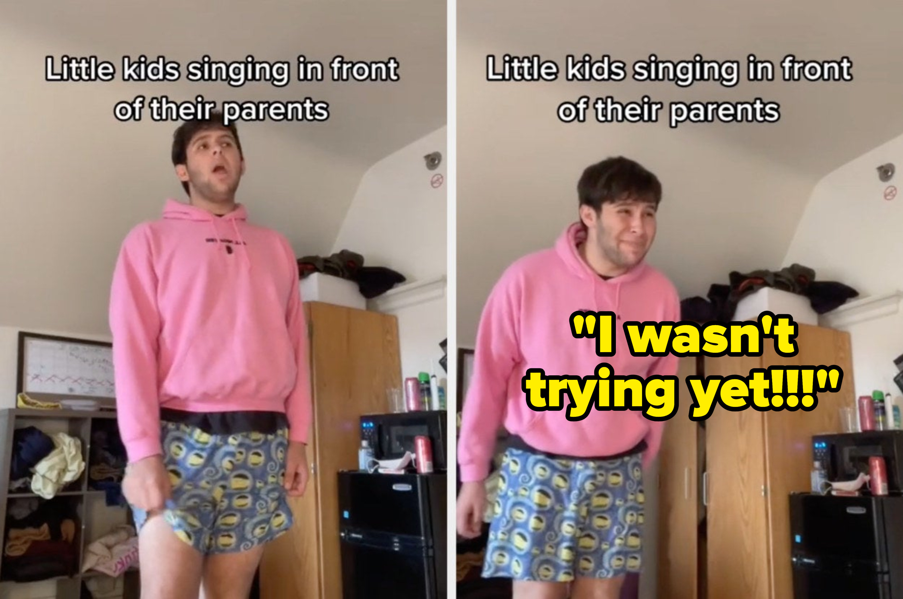 A TikToker pretends to sing then throw a tantrum with the caption: &quot;Little kids singing in front of their parents&quot;