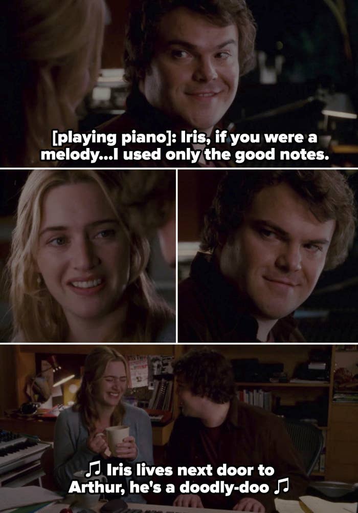 Iris and Miles laughing at the piano while Miles plays Iris' theme song