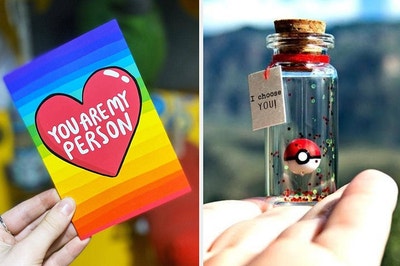 On the right, a rainbow card that says "You are my person." On the right, a tiny Poke Ball in a bottle with a tag that says "I choose you"