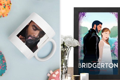 left image: simon basset mug, right image: bridgerton art print 