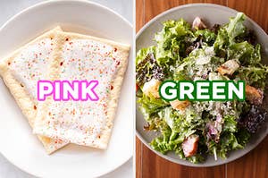 On the left, two strawberry sprinkle Pop-Tarts on a plate labeled "pink," and on the right, a Caesar salad in a bowl labeled "green"