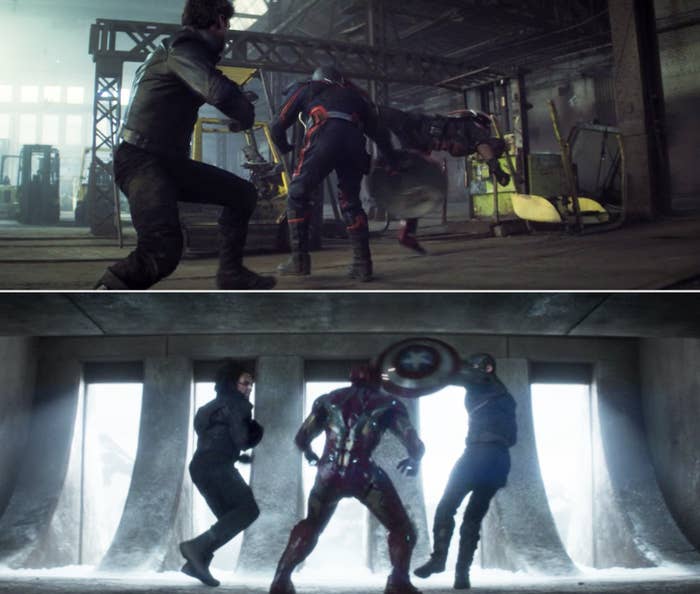 Sam, Bucky, and John fighting vs. Steve, Tony, and Bucky fighting