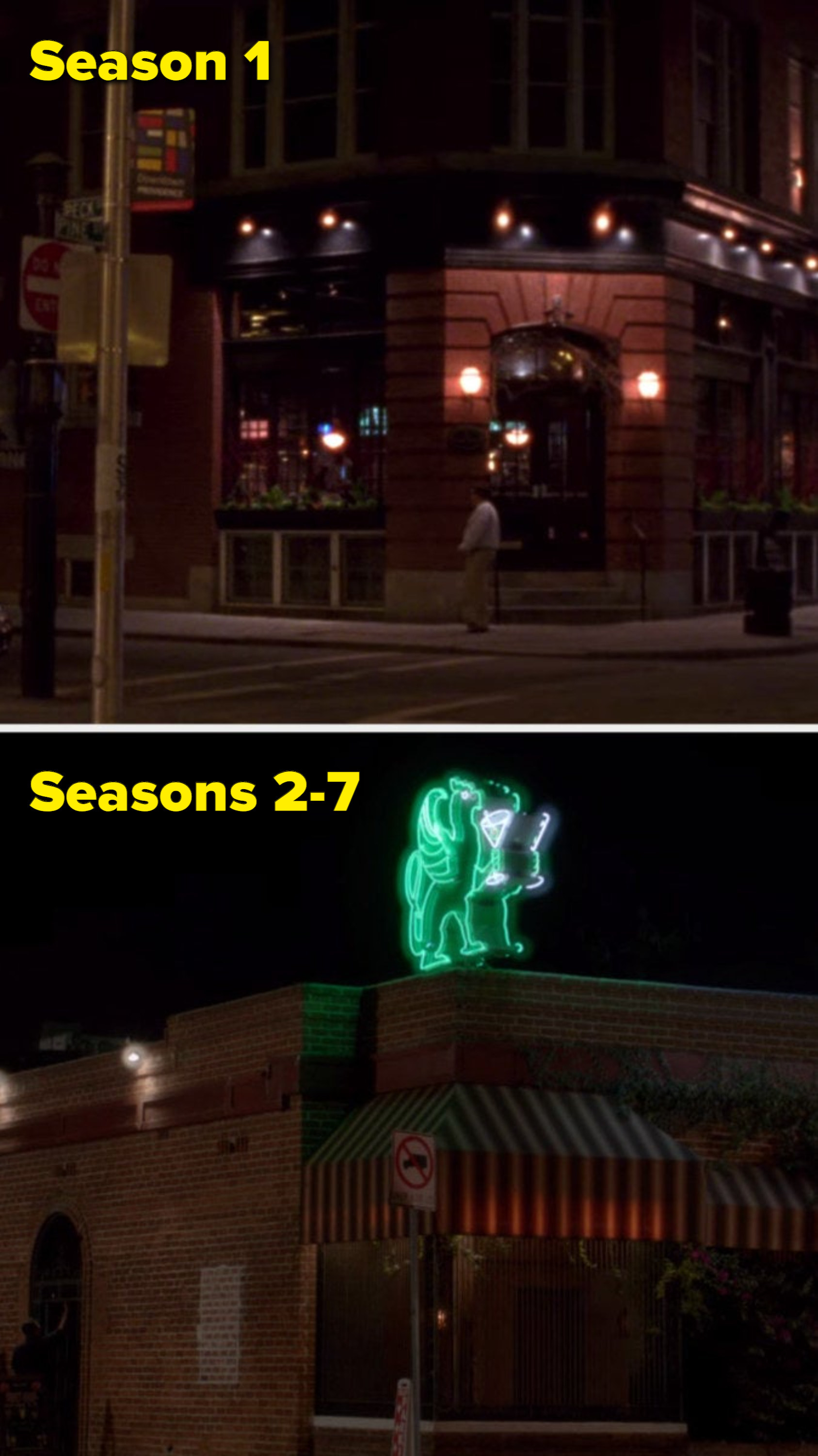 A hip, trendy, downtown bar with the text &quot;season one&quot; and an old dive bar with the text &quot;seasons 2-7&quot;