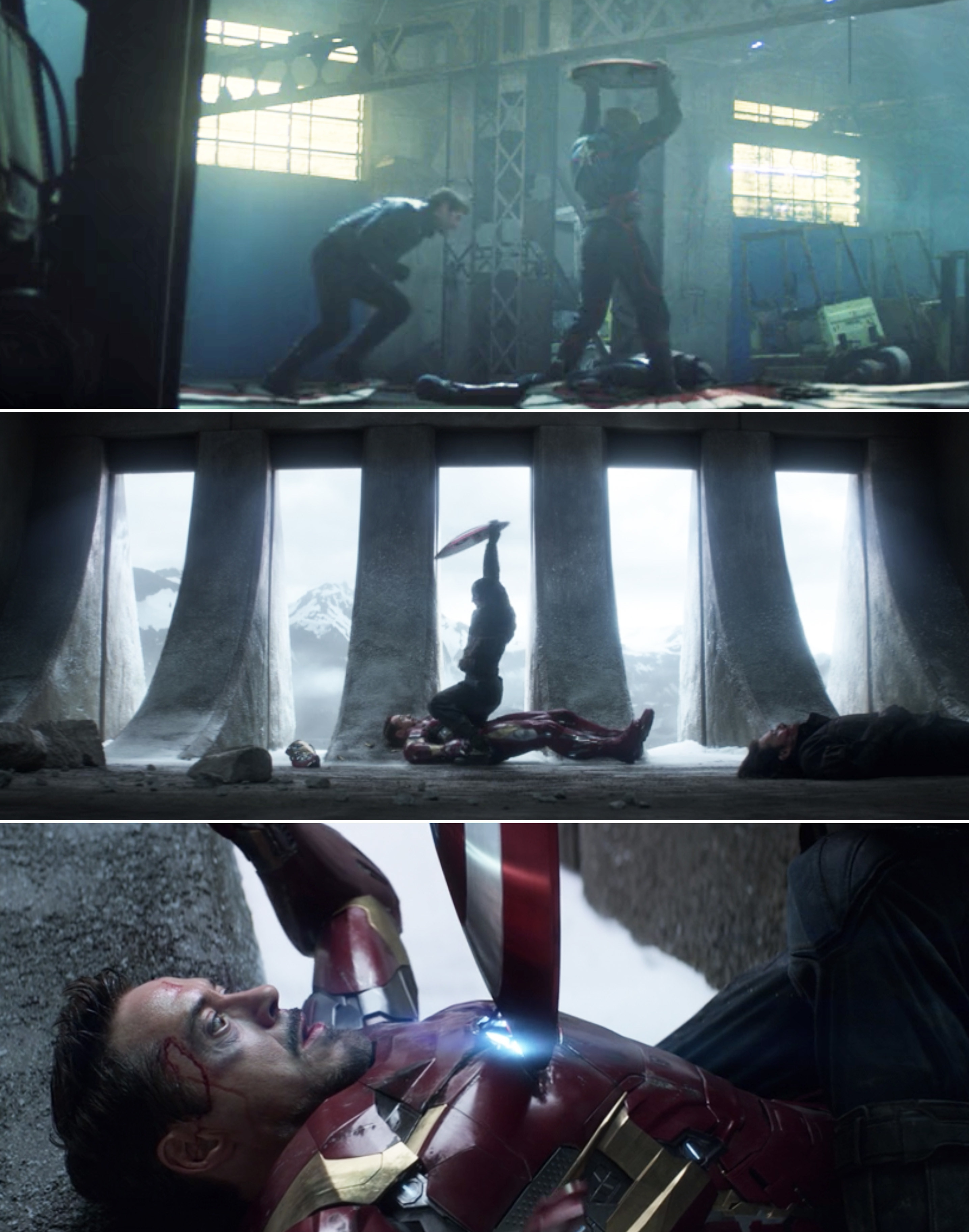 John holding the shield over his head vs. Steve doing the same 