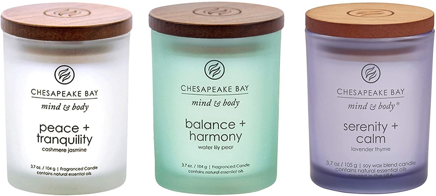 Three of the candles in &quot;peace + tranquility,&quot; &quot;balance + harmony,&quot; and &quot;serenity + calm&quot;