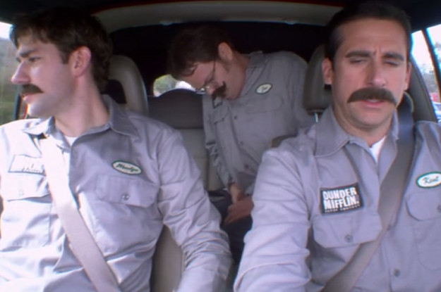 Jim, Dwight, and Michael in warehouse disguises and fake mustaches driving to utica