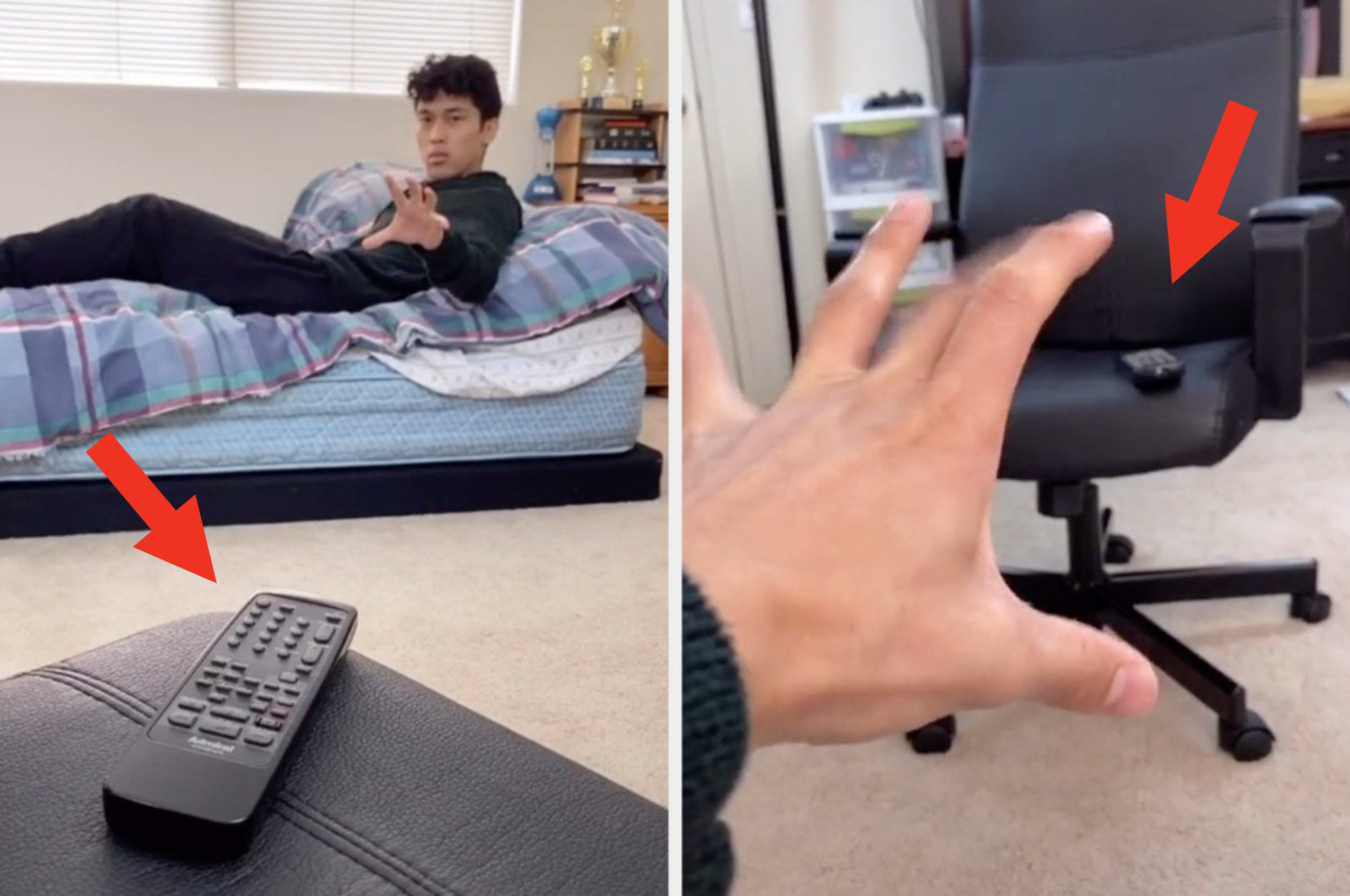 A TikToker reaches for a TV remote from their bed, like they&#x27;re trying to use superpowers to move it