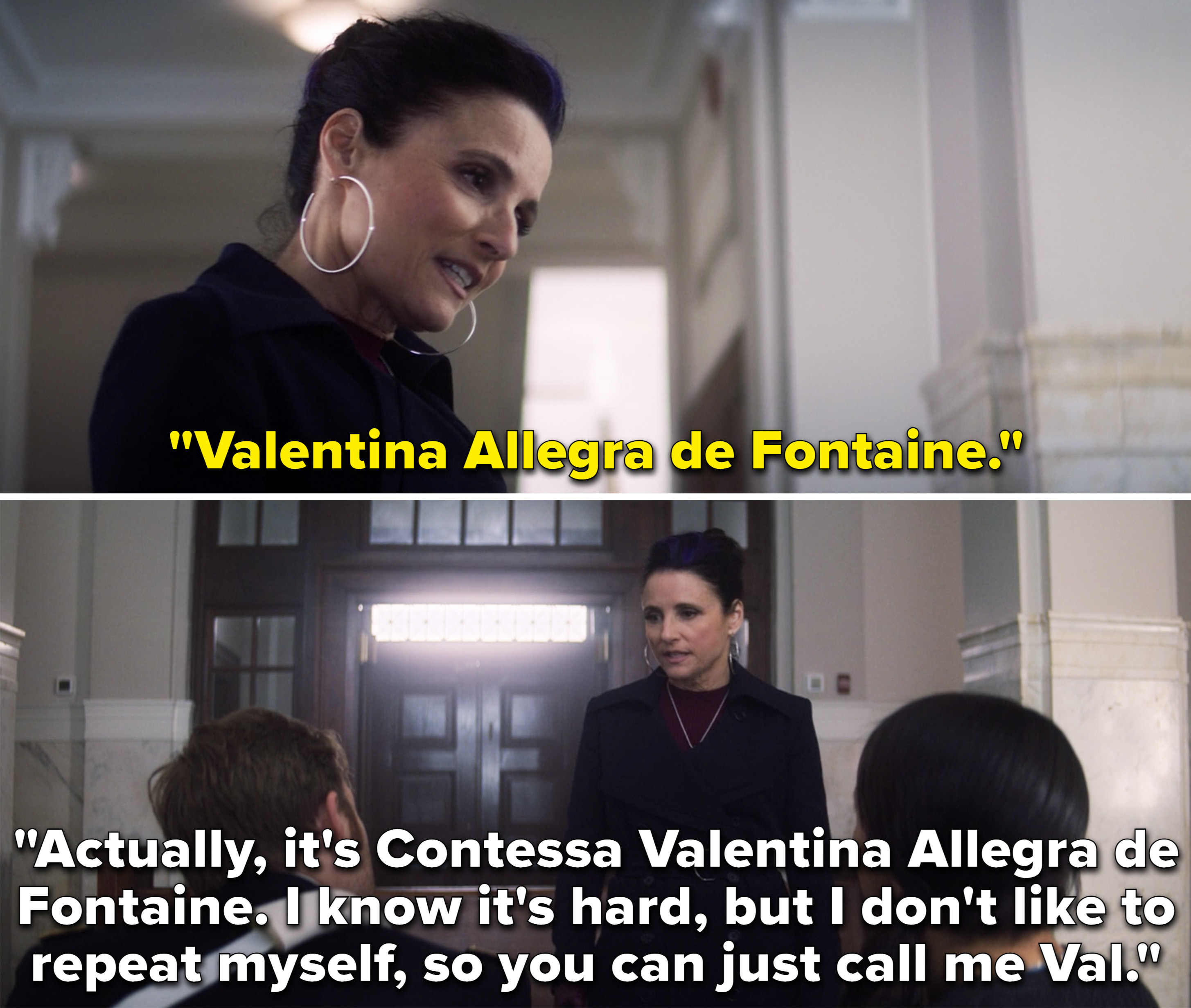 Val introducing herself to John Walker and his wife and saying, &quot;Actually, it&#x27;s Contessa Valentina Allegra de Fontaine&quot;