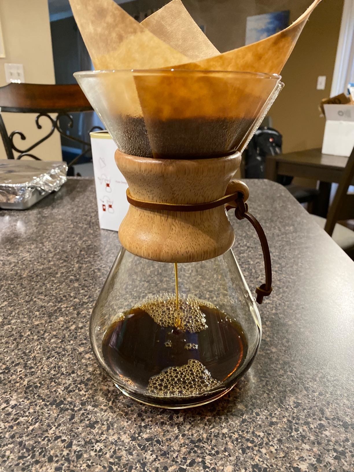 reviewer photo of the Chemex being used to drip a pot coffee